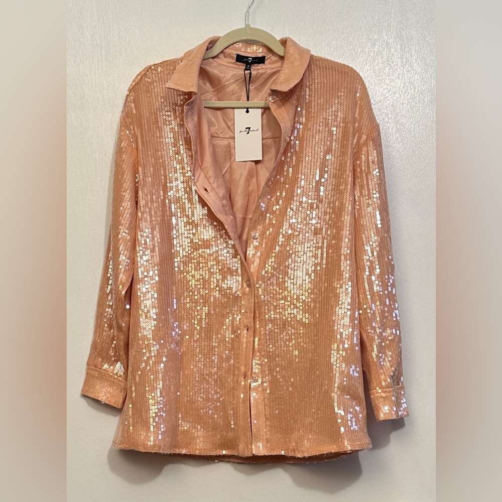 7 for All Mankind Womens Medium Long Sleeve Peachy Pink Sequin Button Down Shirt